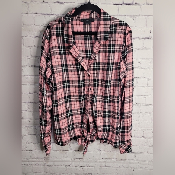 Sanctuary Plaid Pink‎ Long Sleeve Blouse Size Medium Tie Bottom - Picture 1 of 5